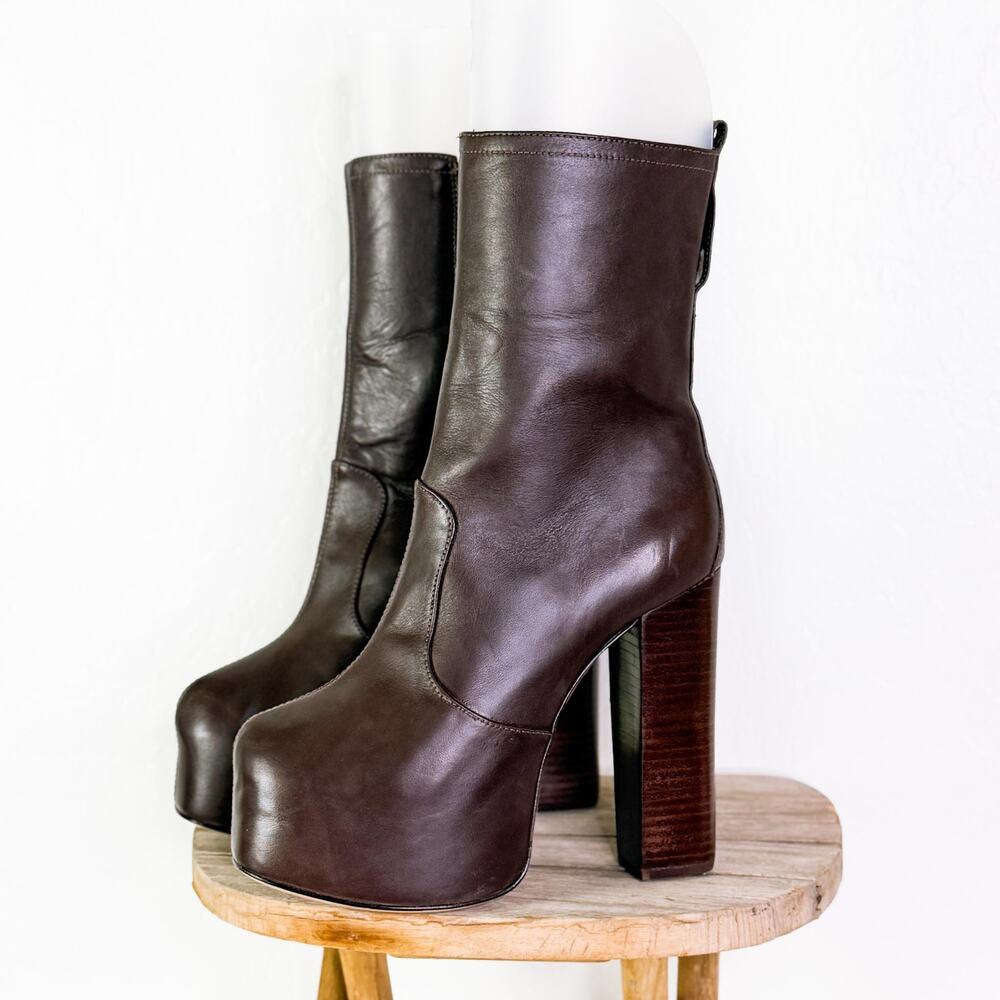 Schutz Aberdeen 70s Y2K Chocolate Brown Block High Heels Platform Boots 6.5 NWT